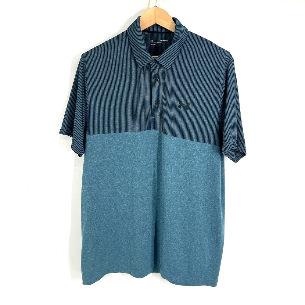 Under Armour Mens XL Loose Fit Polo Shirt Blue Striped Colorblock Golf Top